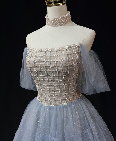 Light Blue Tulle Ball Gown Wedding Dress - Off-Shoulder Wedding Dress - Beaded Corset Back Wedding Dress Plus Size